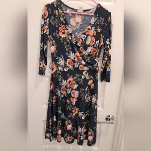 Wrap-Style Floral Midi Dress in Navy and Coral